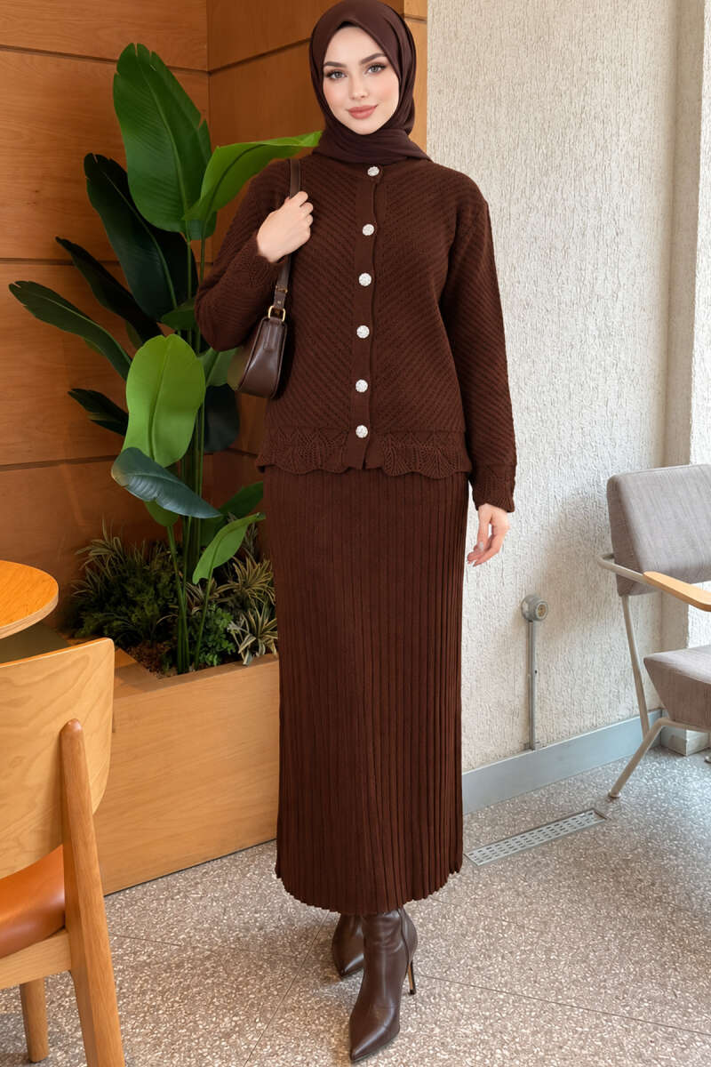 Lace-Embroidered Two-Piece Skirt Set with Jewelled Buttons - Brown