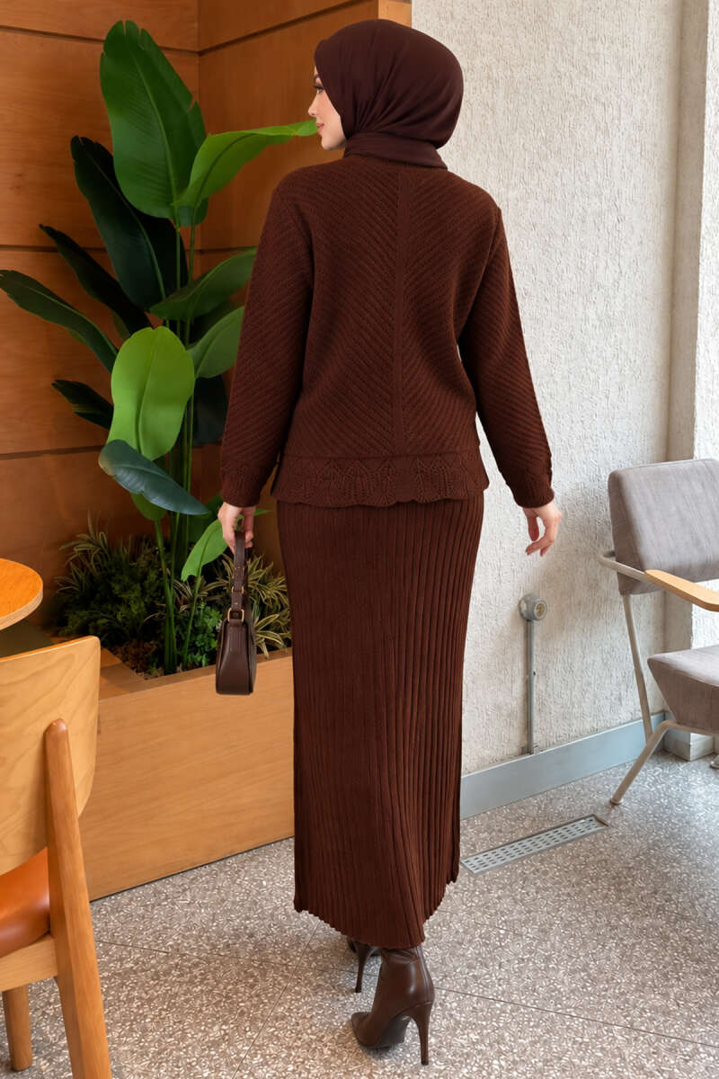 Lace-Embroidered Two-Piece Skirt Set with Jewelled Buttons - Brown
