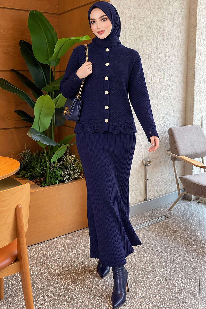 Lace-Embroidered Two-Piece Skirt Set with Jewelled Buttons - Navy