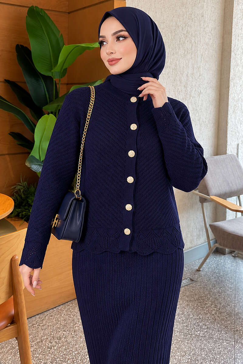 Lace-Embroidered Two-Piece Skirt Set with Jewelled Buttons - Navy