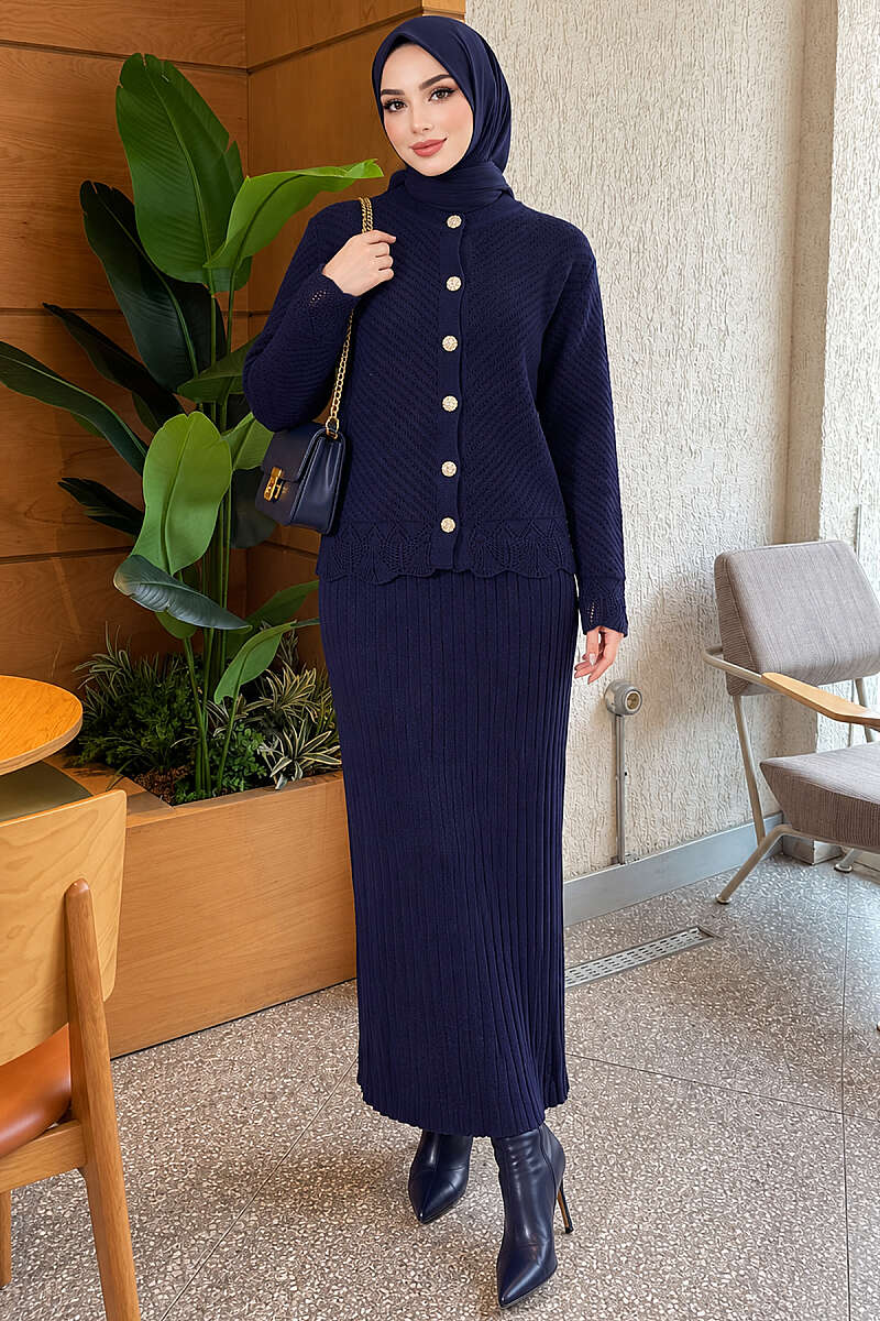 Lace-Embroidered Two-Piece Skirt Set with Jewelled Buttons - Navy