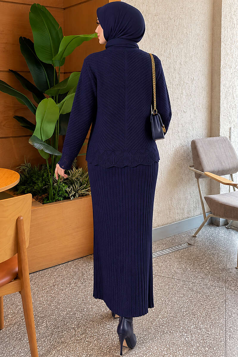 Lace-Embroidered Two-Piece Skirt Set with Jewelled Buttons - Navy