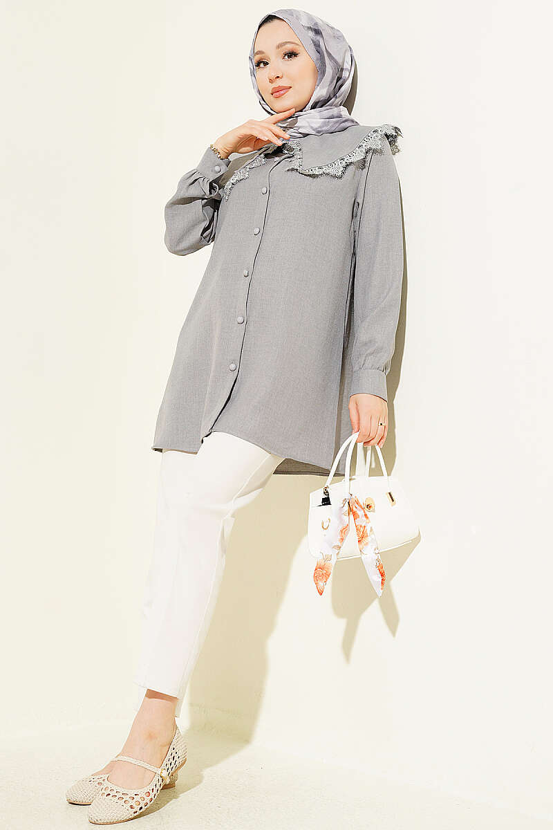 Lace-Edged Sailor-Collar Shirt - Grey