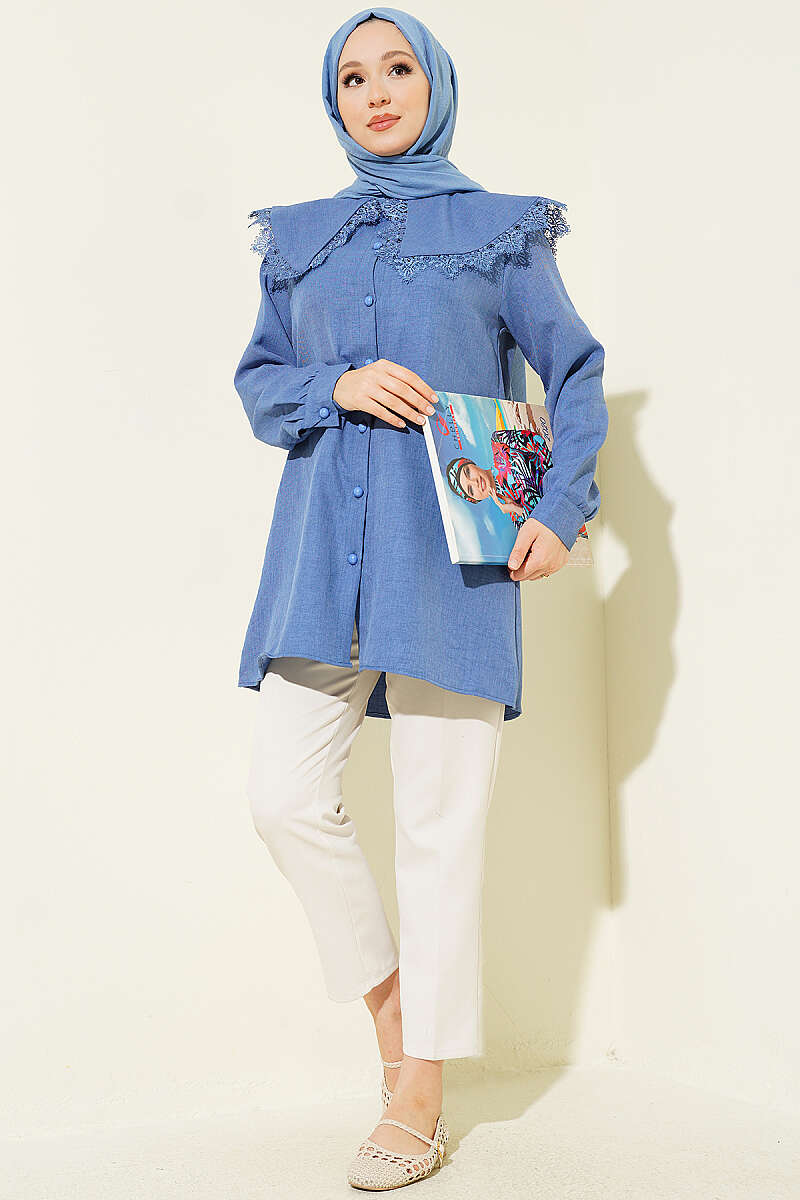 Lace-Edged Sailor-Collar Shirt - Indigo