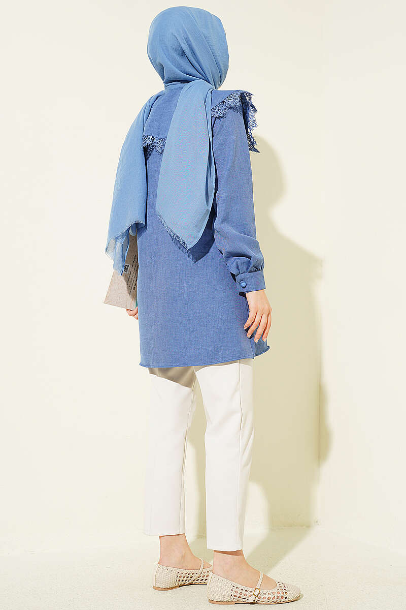 Lace-Edged Sailor-Collar Shirt - Indigo