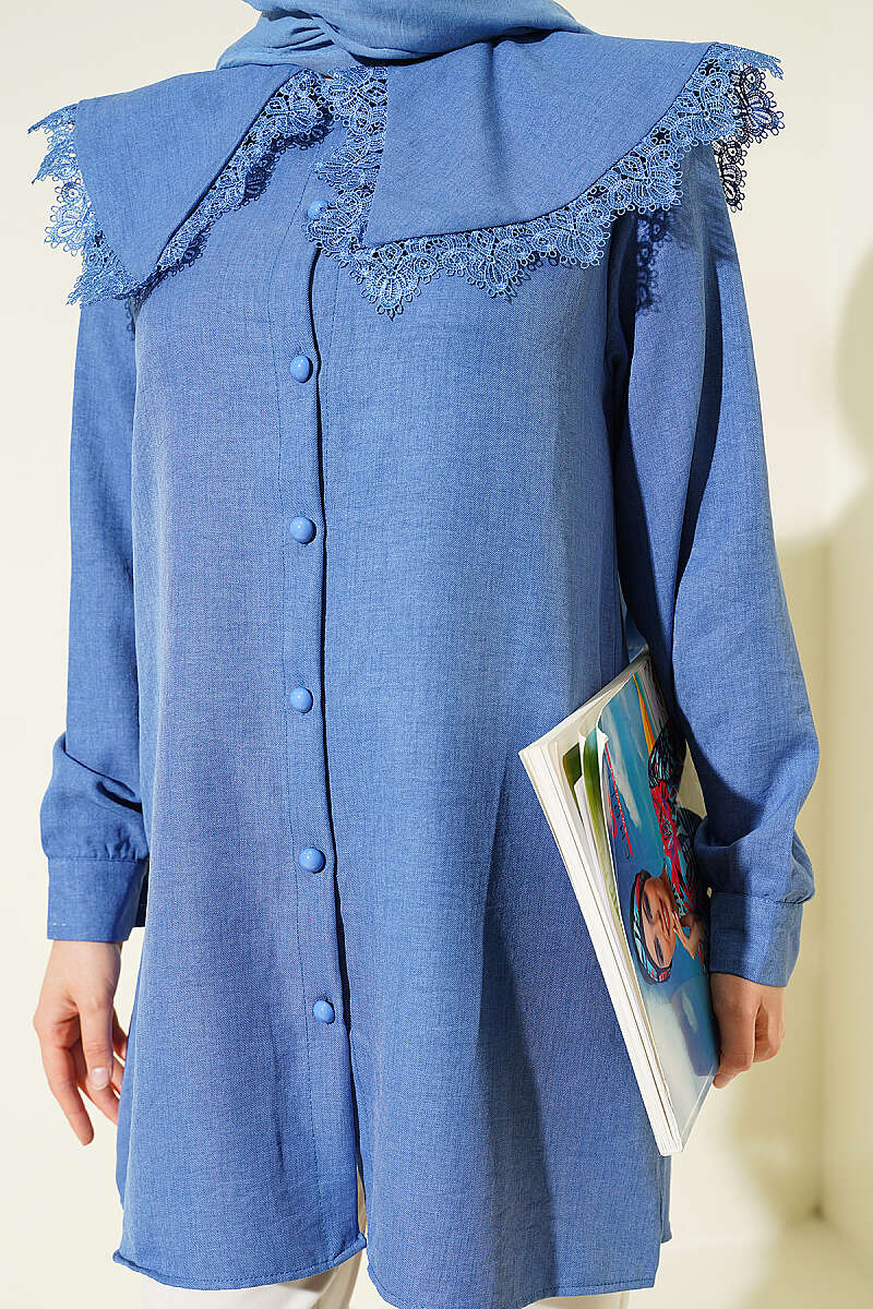 Lace-Edged Sailor-Collar Shirt - Indigo