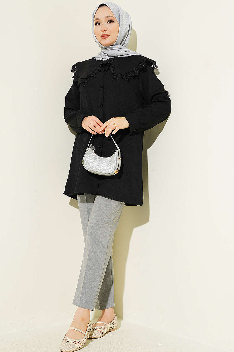 Lace-Edged Sailor-Collar Shirt - Black