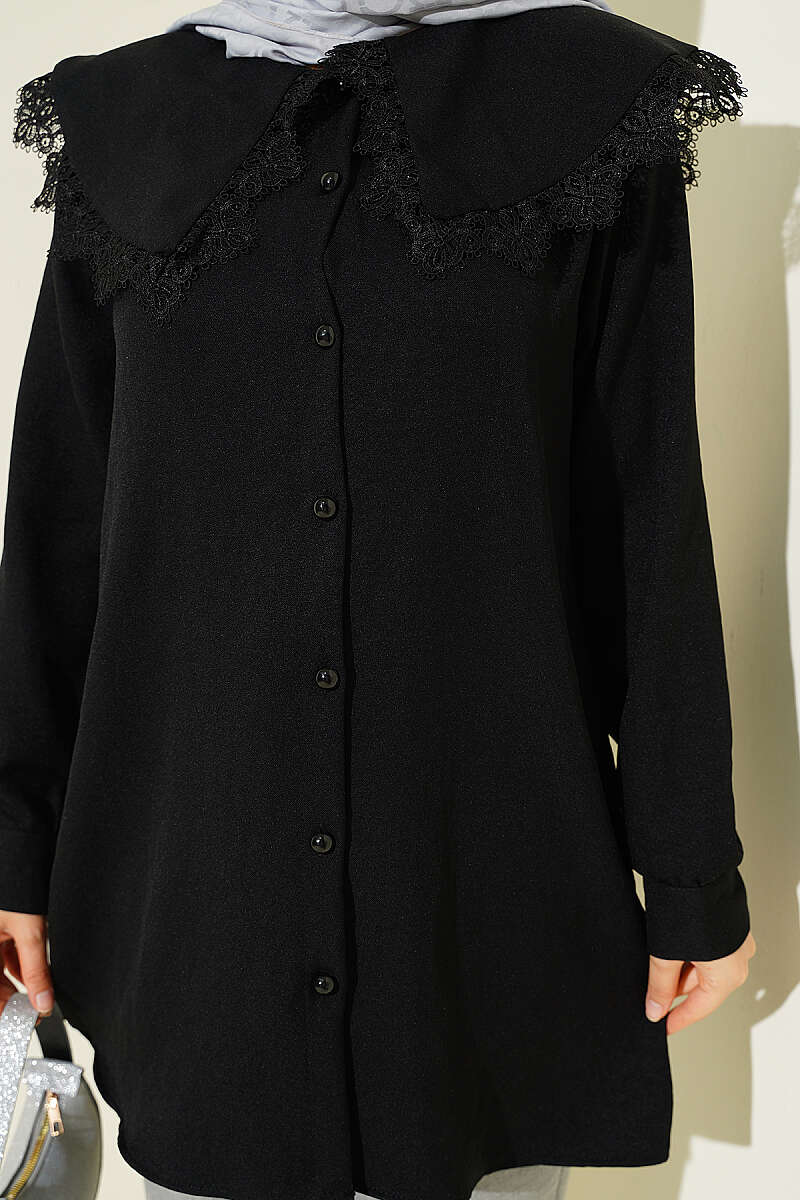 Lace-Edged Sailor-Collar Shirt - Black