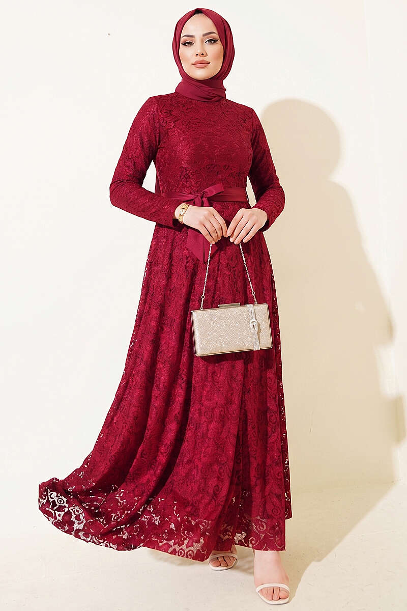 Belted Lace-Embroidered Evening Dress - Burgundy