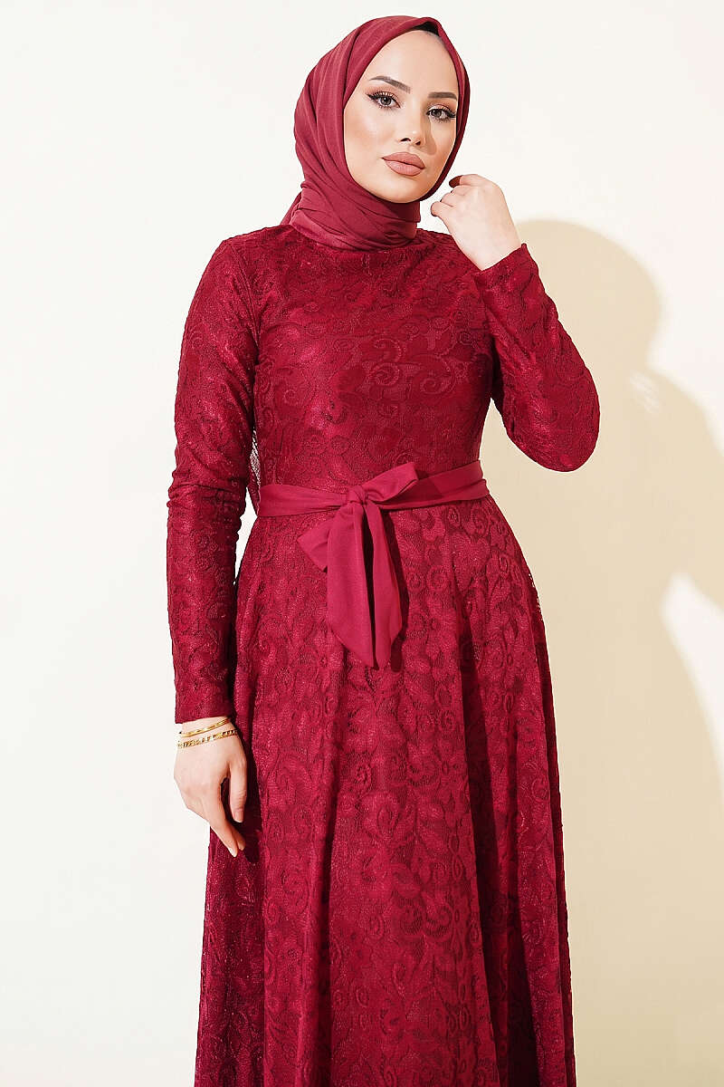 Belted Lace-Embroidered Evening Dress - Burgundy