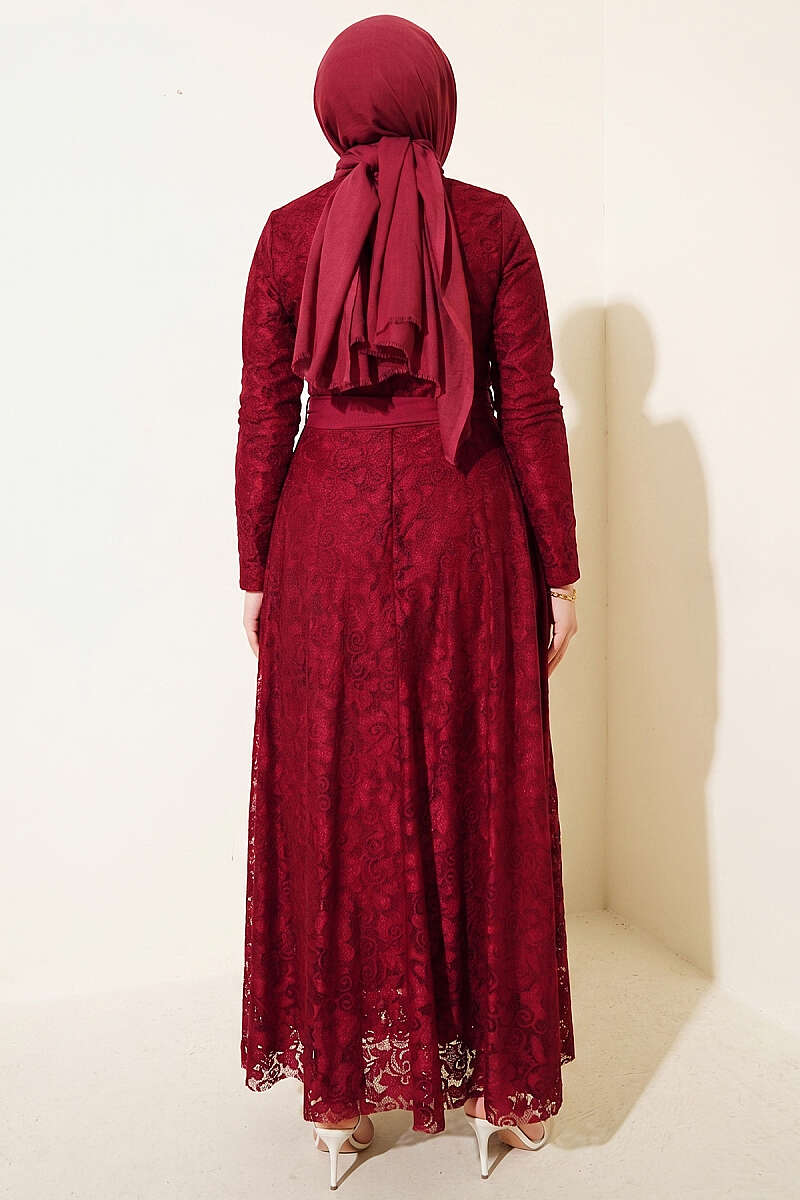 Belted Lace-Embroidered Evening Dress - Burgundy