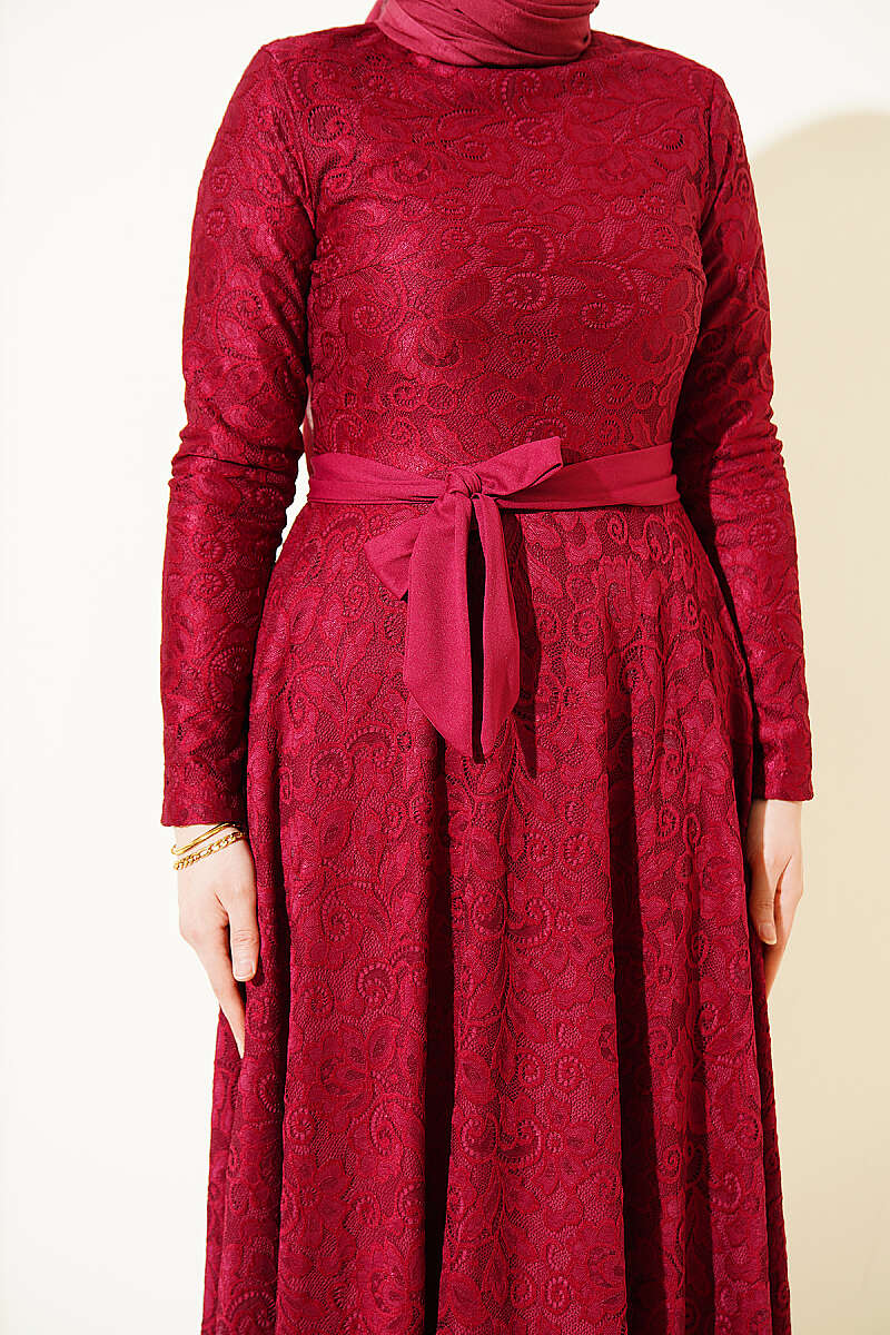 Belted Lace-Embroidered Evening Dress - Burgundy