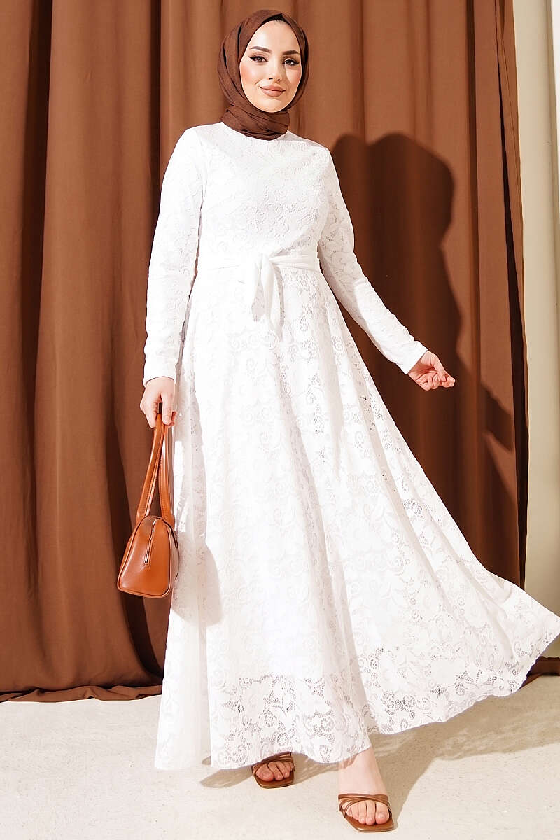 Belted Lace-Embroidered Evening Dress - Ecru
