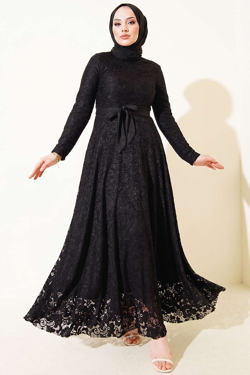 Belted Lace-Embroidered Evening Dress - Black
