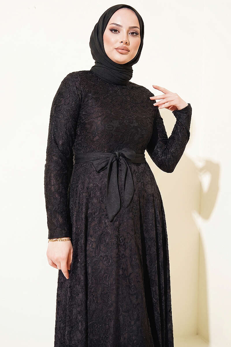 Belted Lace-Embroidered Evening Dress - Black