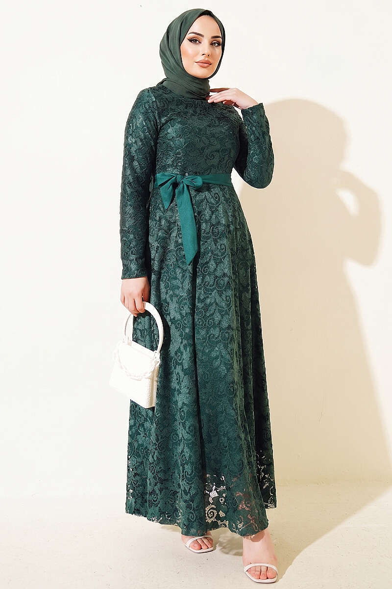 Belted Lace-Embroidered Evening Dress - Emerald