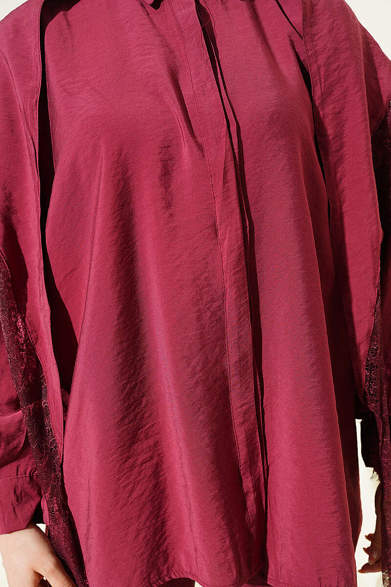 Concealed-Button Set with Lace Scarf - Burgundy