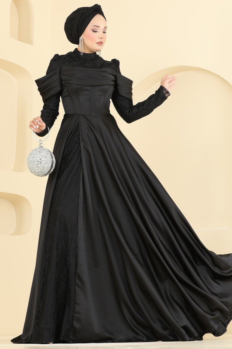 Draped Lace and Satin Evening Dress - Black