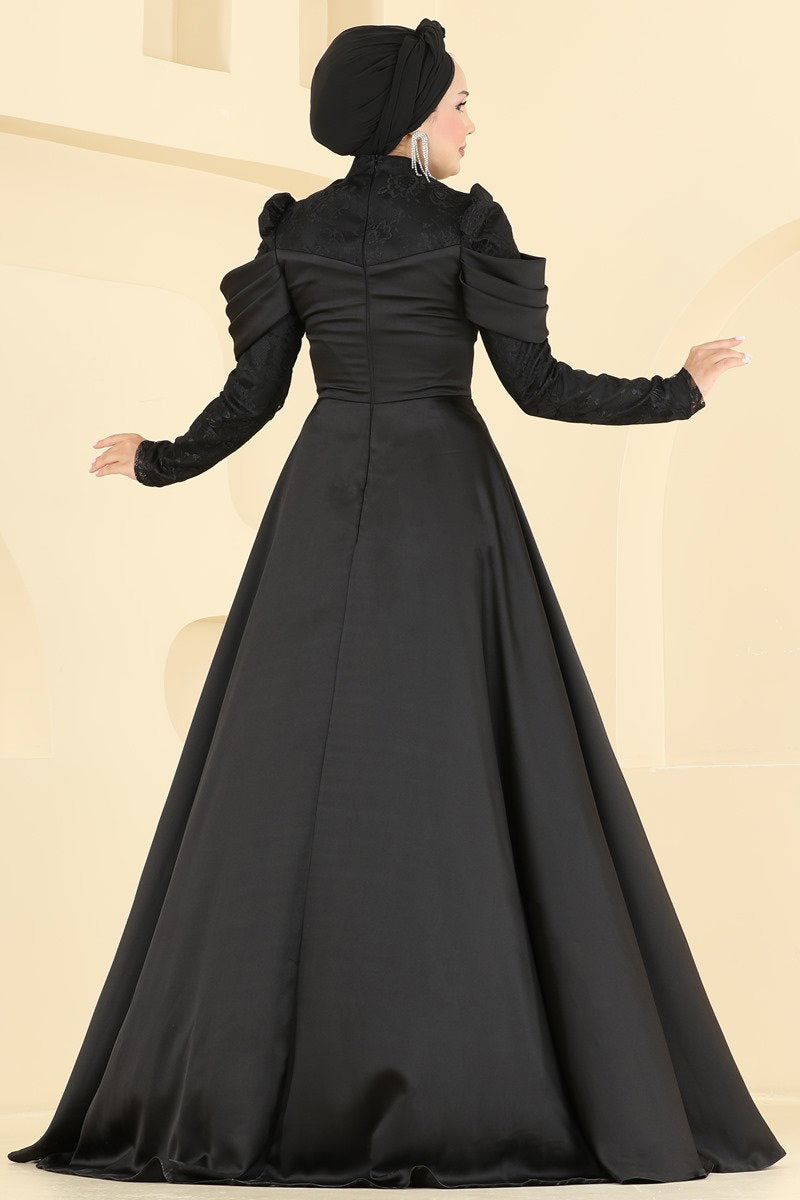 Draped Lace and Satin Evening Dress - Black