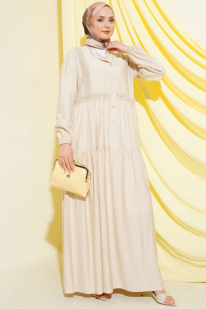 Tiered Button Dress with Lace Trim - Beige