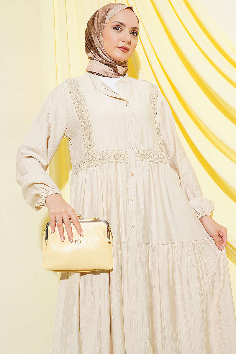 Tiered Button Dress with Lace Trim - Beige