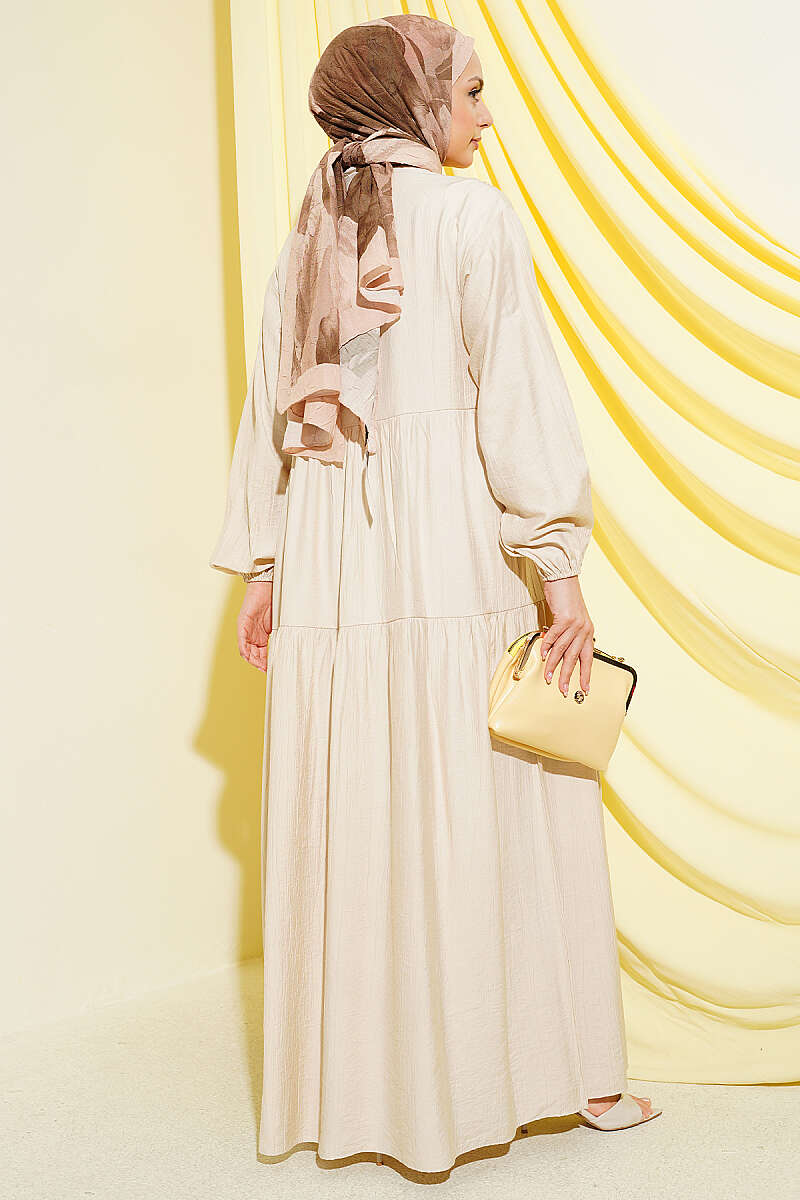 Tiered Button Dress with Lace Trim - Beige