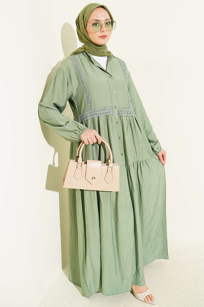 Tiered Button Dress with Lace Trim - Almond Green