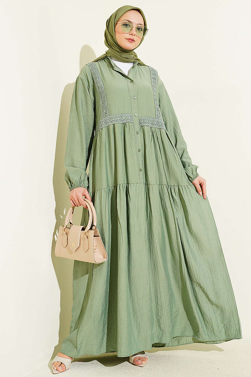 Tiered Button Dress with Lace Trim - Almond Green