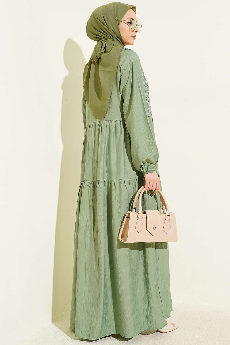 Tiered Button Dress with Lace Trim - Almond Green
