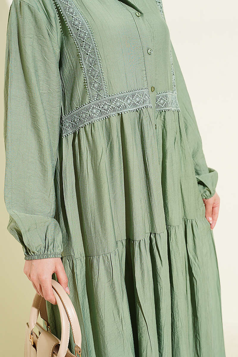 Tiered Button Dress with Lace Trim - Almond Green
