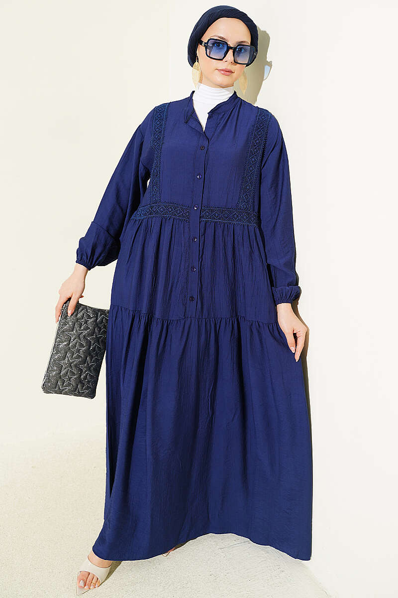 Tiered Button Dress with Lace Trim - Navy