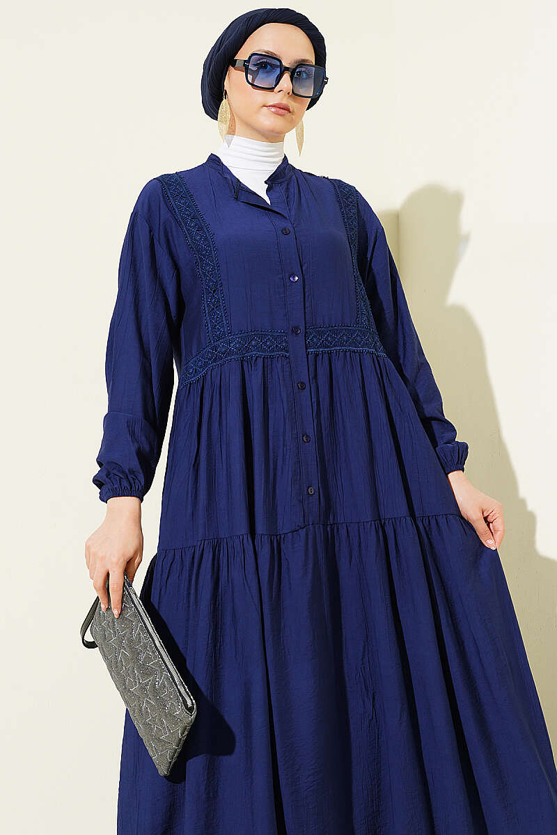 Tiered Button Dress with Lace Trim - Navy