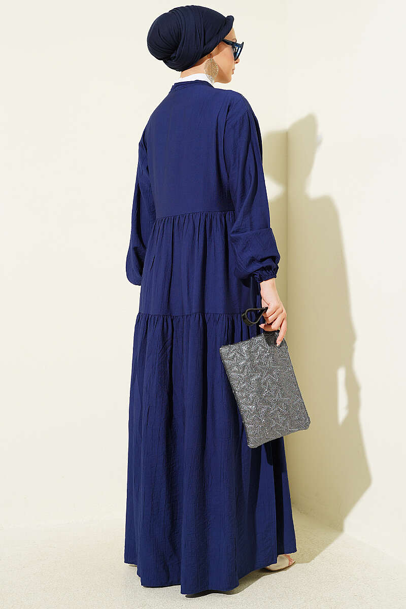 Tiered Button Dress with Lace Trim - Navy