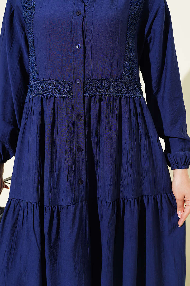 Tiered Button Dress with Lace Trim - Navy
