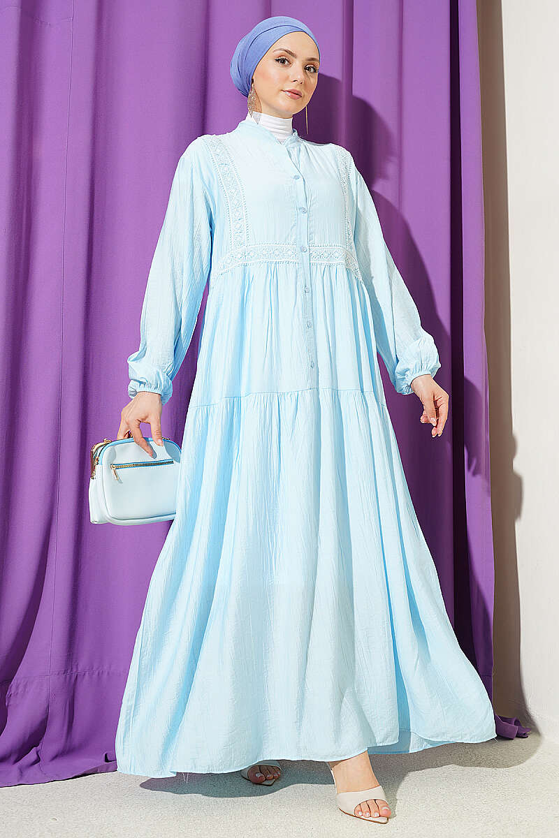 Tiered Button Dress with Lace Trim - Blue