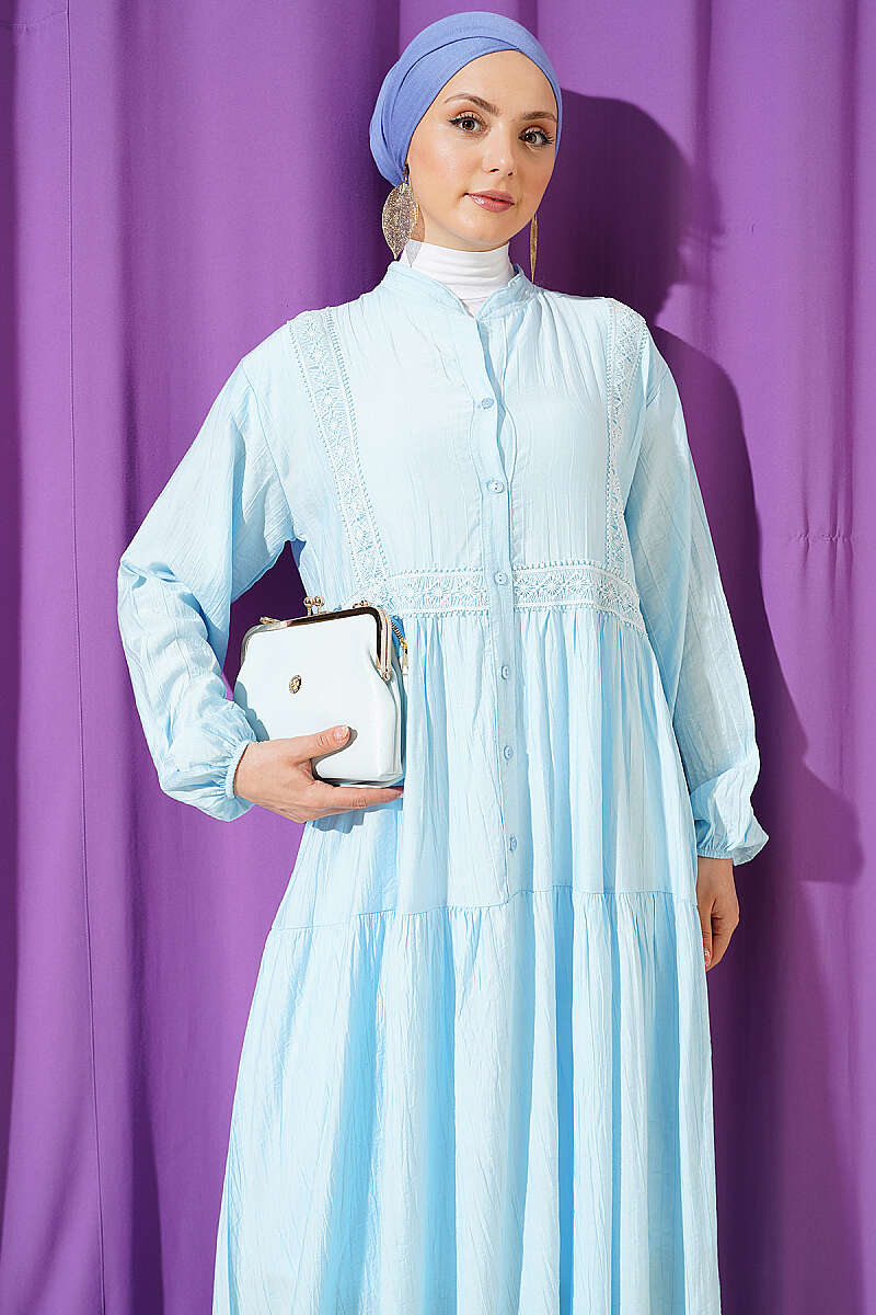 Tiered Button Dress with Lace Trim - Blue