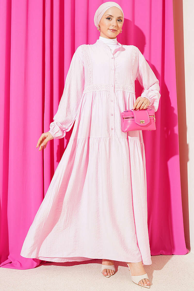 Tiered Button Dress with Lace Trim - Pink