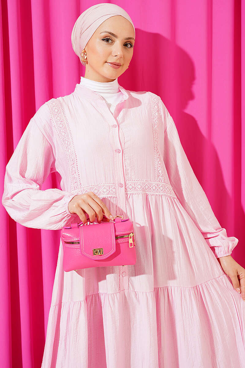 Tiered Button Dress with Lace Trim - Pink