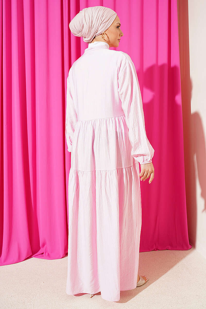 Tiered Button Dress with Lace Trim - Pink