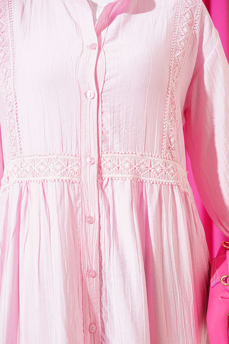 Tiered Button Dress with Lace Trim - Pink