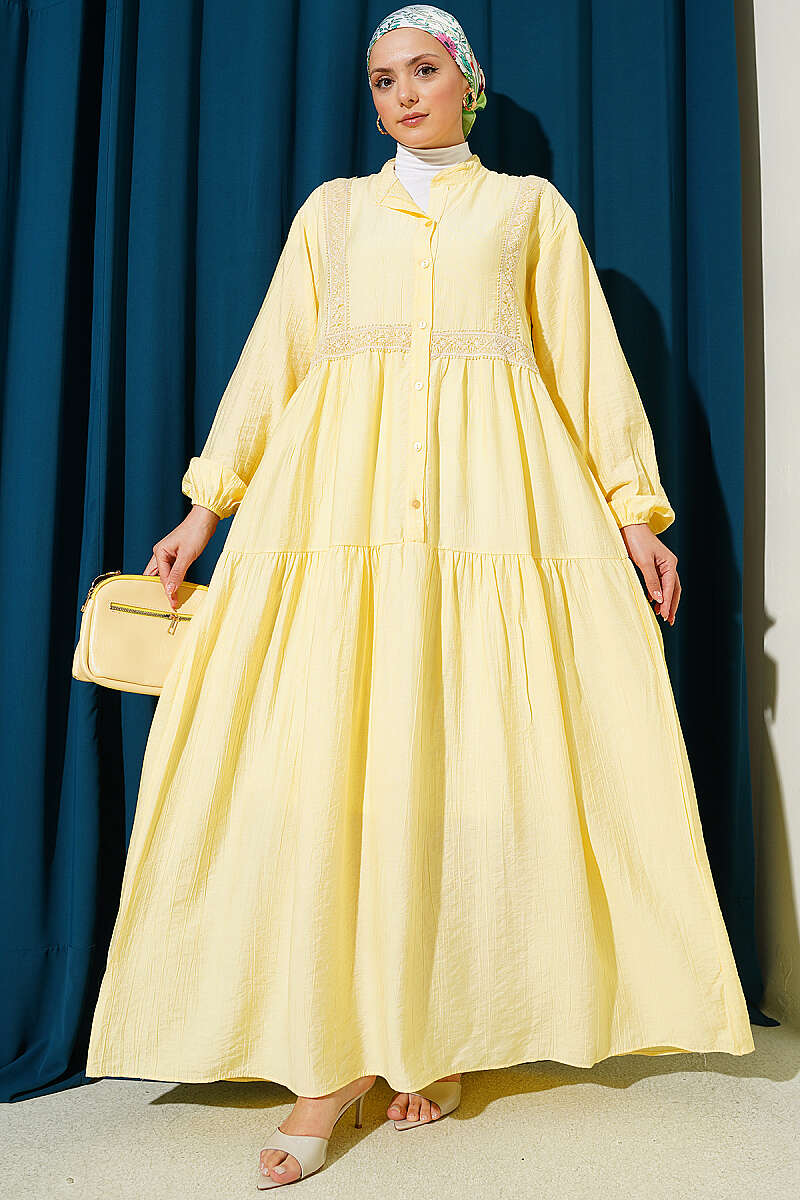 Tiered Button Dress with Lace Trim - Yellow
