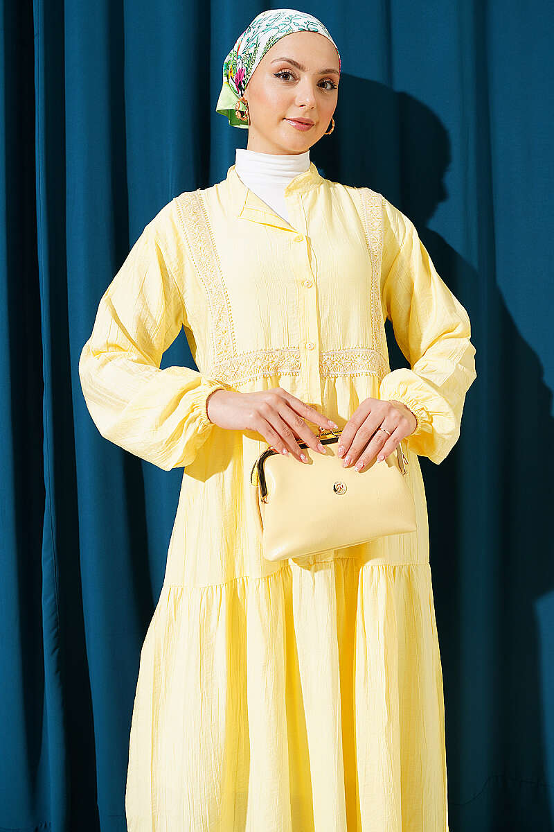 Tiered Button Dress with Lace Trim - Yellow