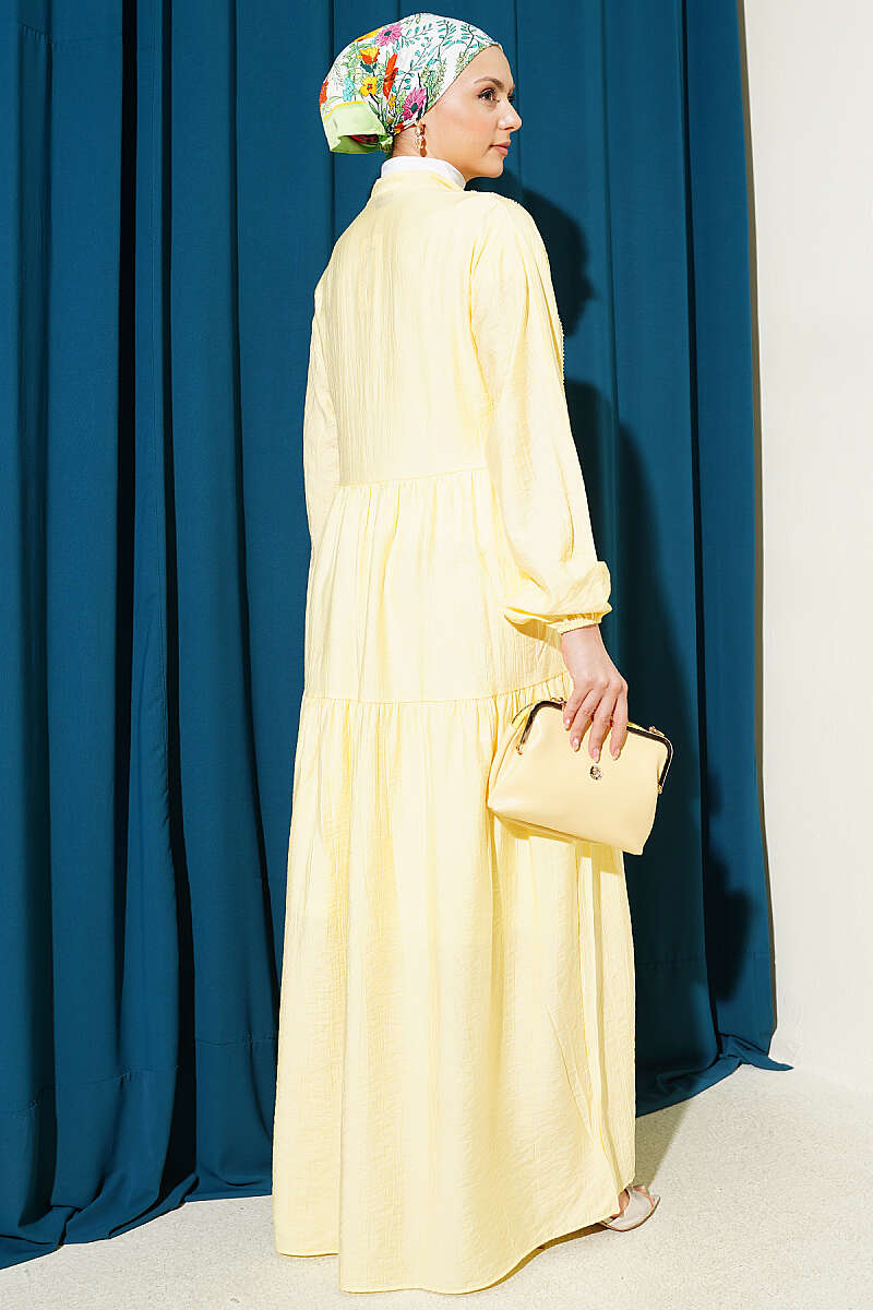 Tiered Button Dress with Lace Trim - Yellow