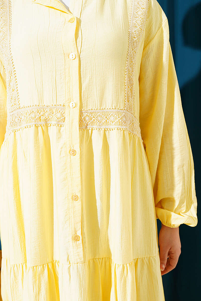 Tiered Button Dress with Lace Trim - Yellow