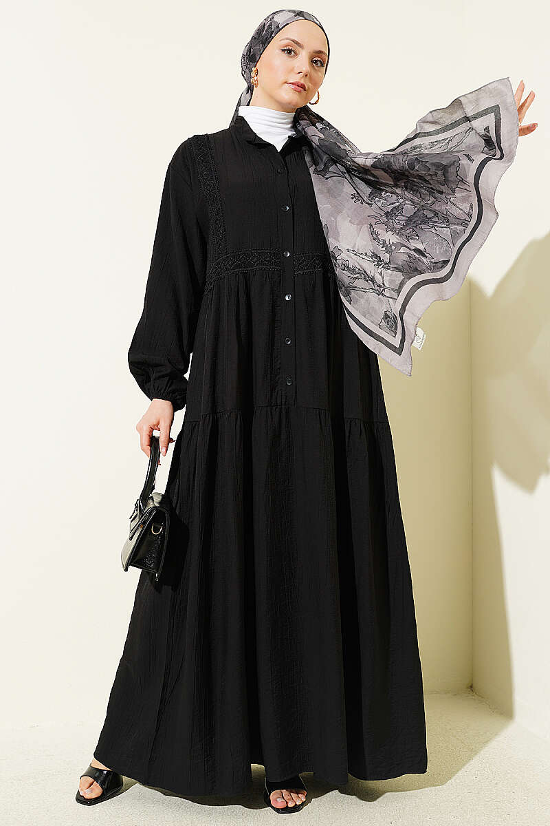 Tiered Button Dress with Lace Trim - Black