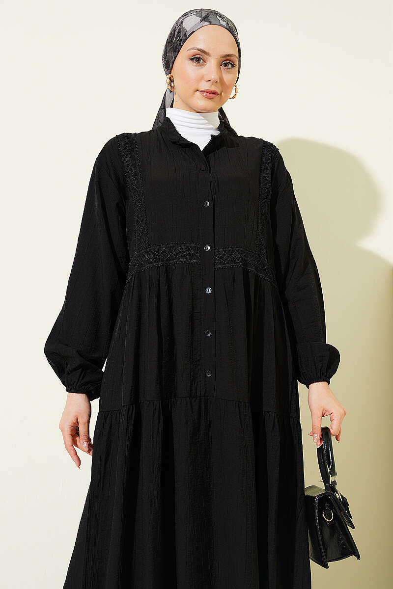 Tiered Button Dress with Lace Trim - Black