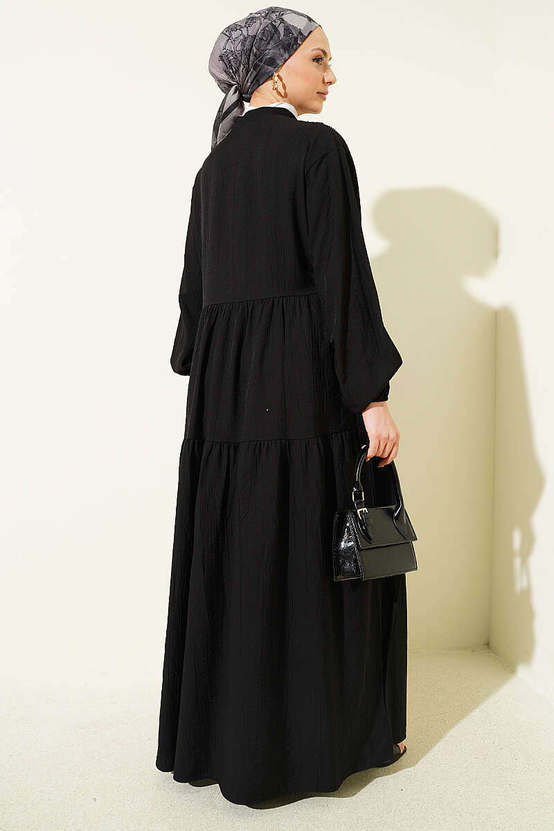 Tiered Button Dress with Lace Trim - Black
