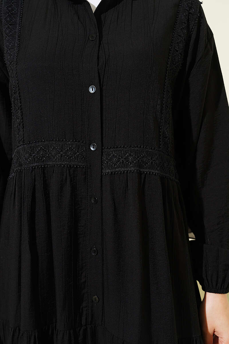Tiered Button Dress with Lace Trim - Black