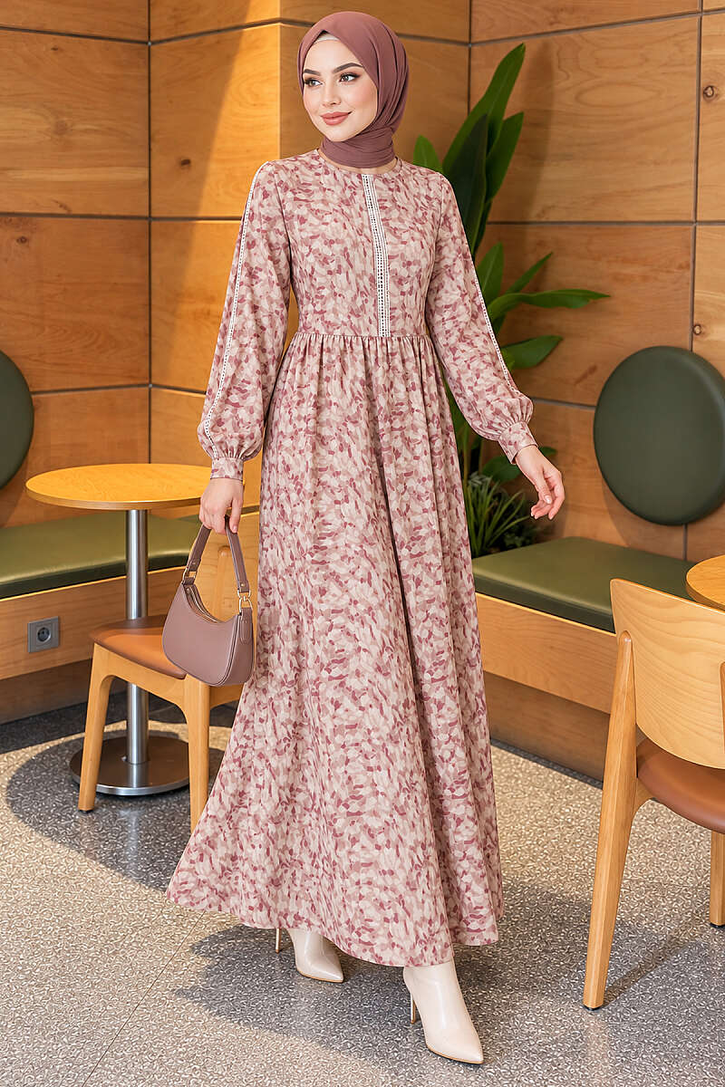 Lace-Trim Dress with Buttoned Cuffs - Beige