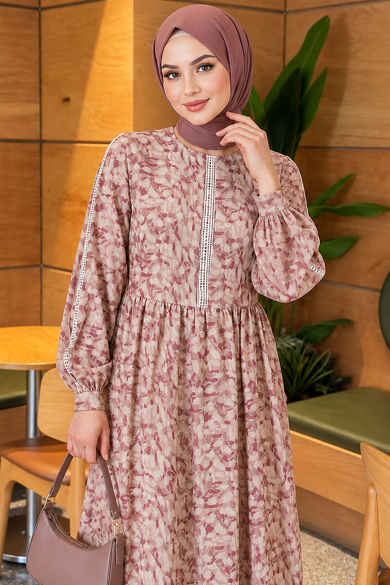 Lace-Trim Dress with Buttoned Cuffs - Beige